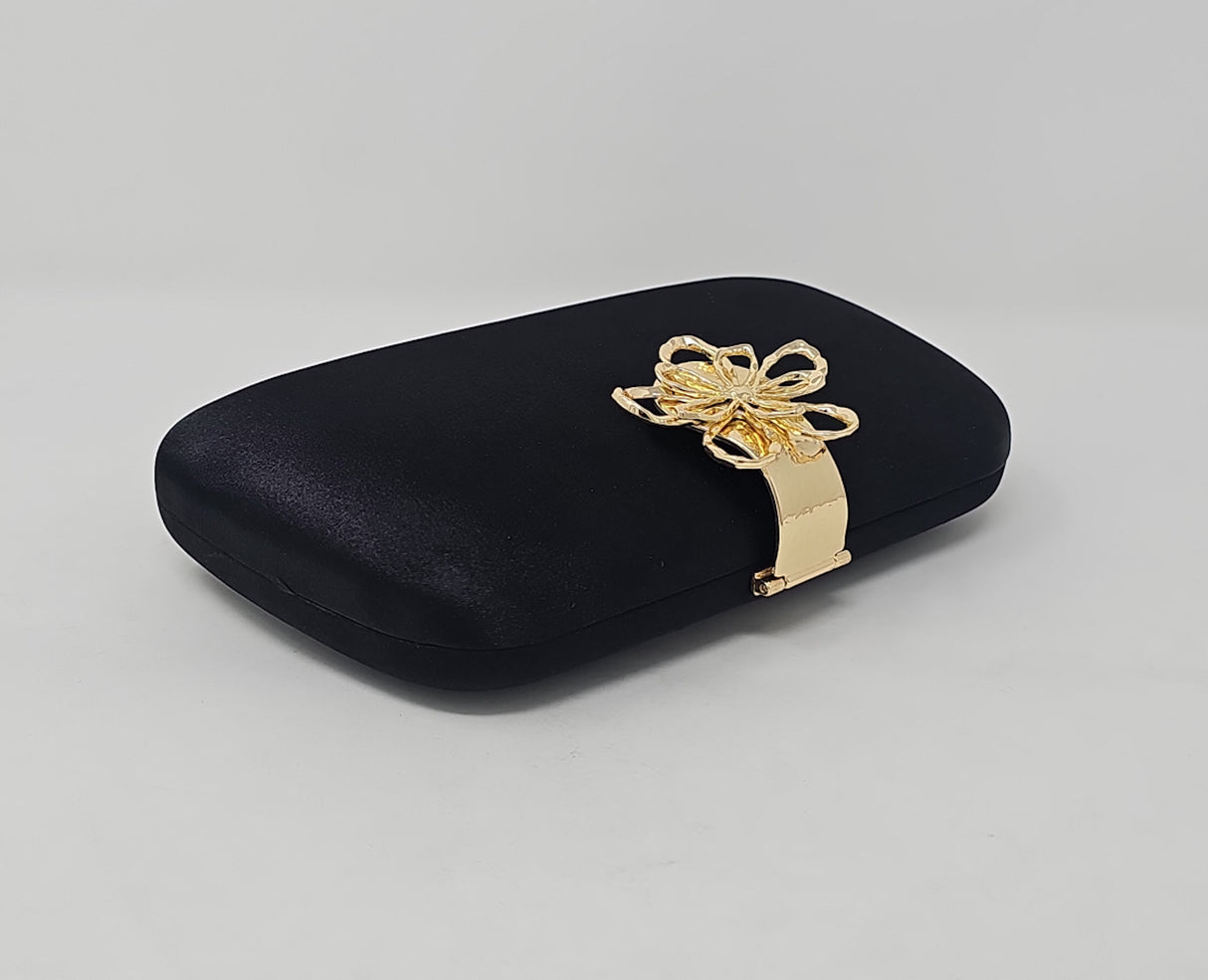 Black Satin & Gold Flower Box Clutch Bag