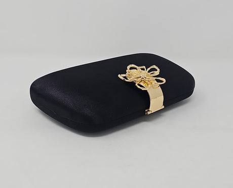 Black Satin & Gold Flower Box Clutch Bag