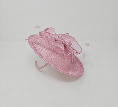 Rose Pink Feather & Bow Round Disc Fascinator