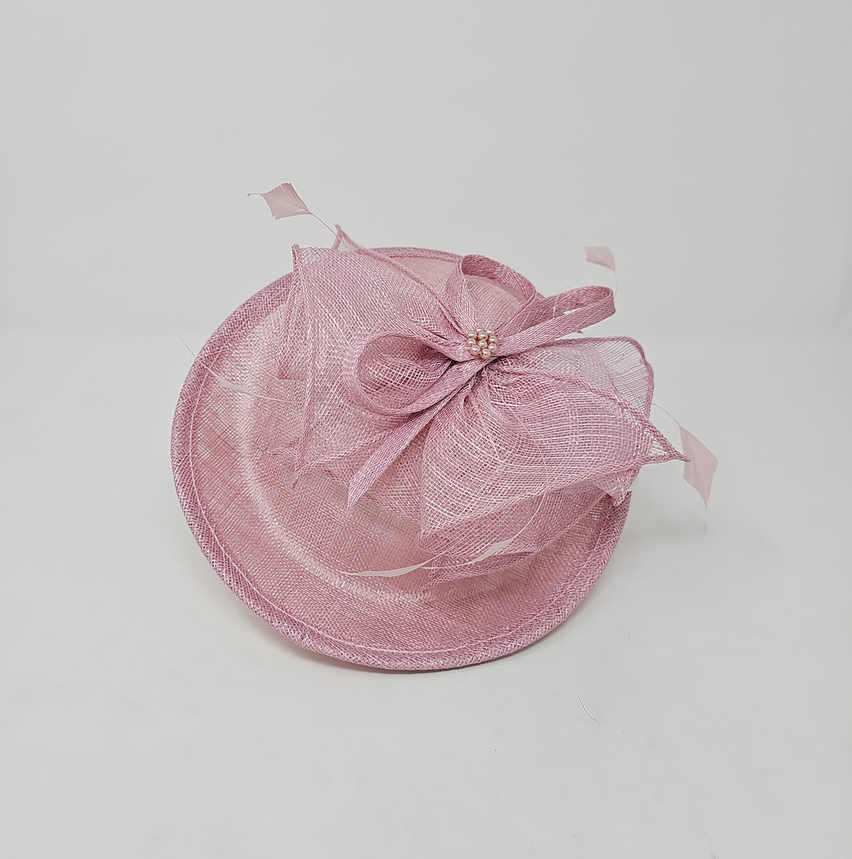 Rose Pink Feather & Bow Round Disc Fascinator