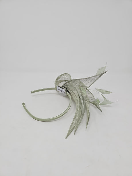 Sage Green Sinamay Loop & Feather Hairband Fascinator