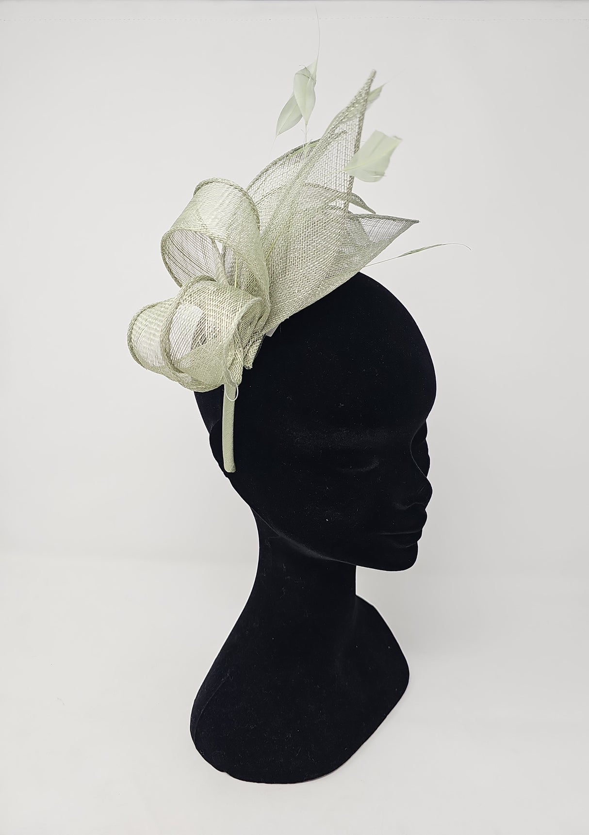 Sage Green Sinamay Loop & Feather Hairband Fascinator