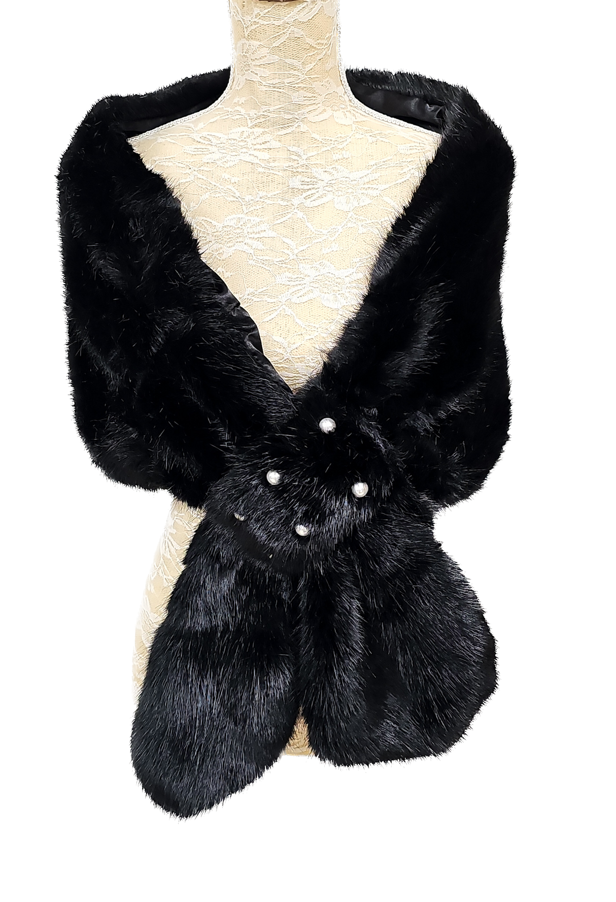 Black Faux Fur Pearl Embellished Cape Wrap