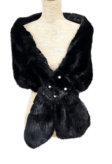 Black Faux Fur Pearl Embellished Cape Wrap