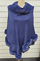 Navy Blue Faux Fur Trim Poncho