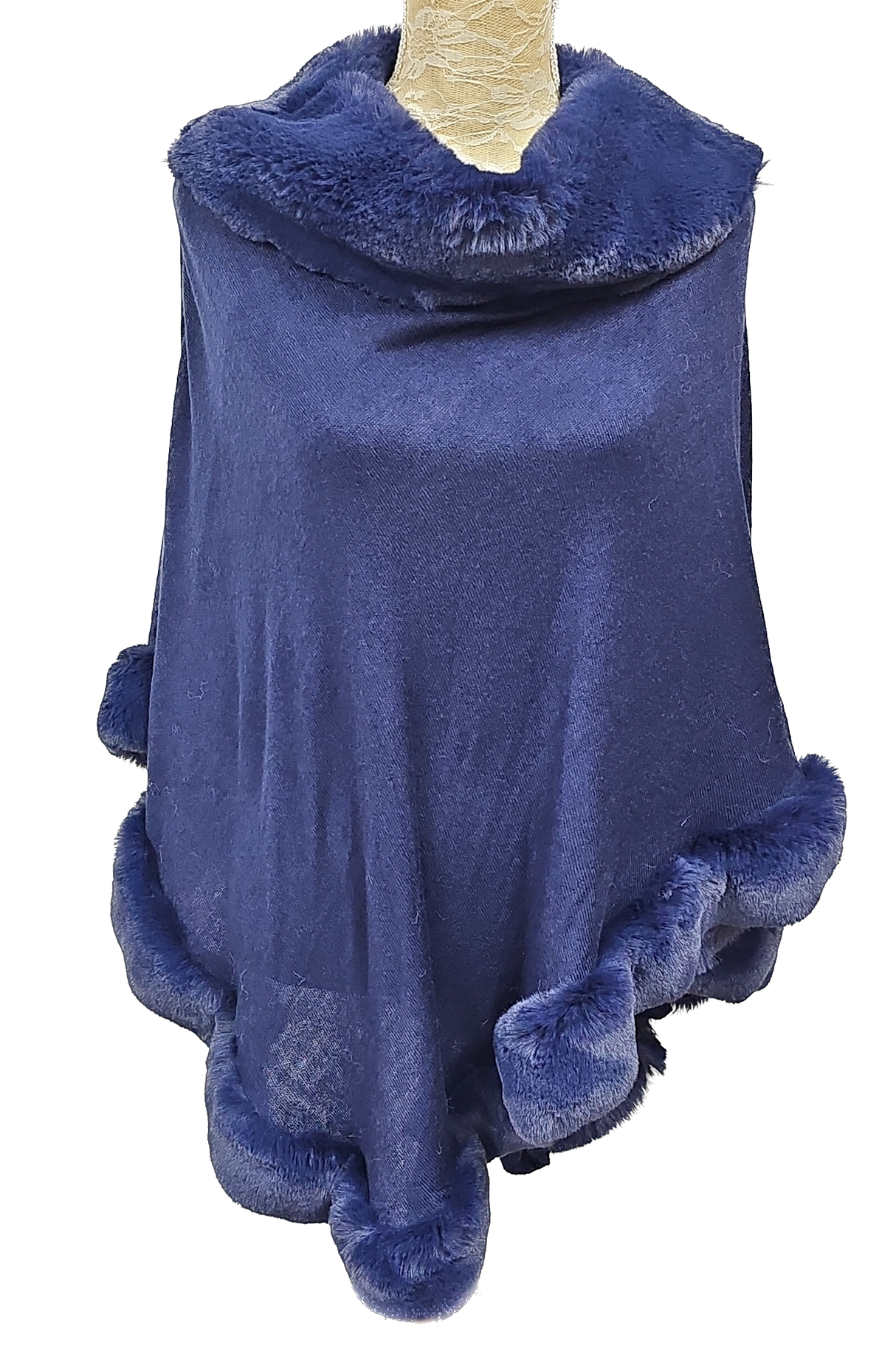 Navy Blue Faux Fur Trim Poncho