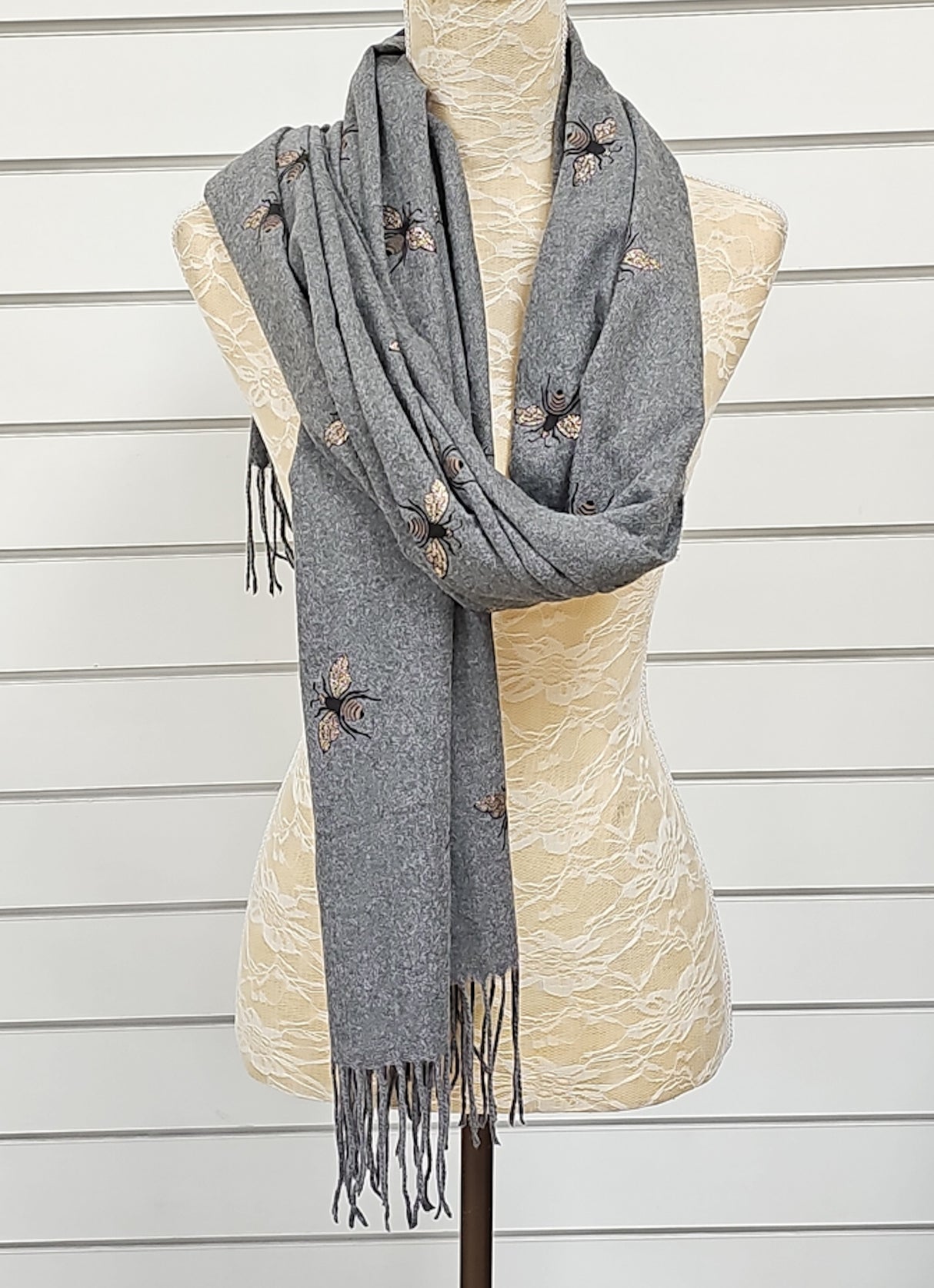 Grey & Gold Sparkling Bee Print Pashmina Scarf