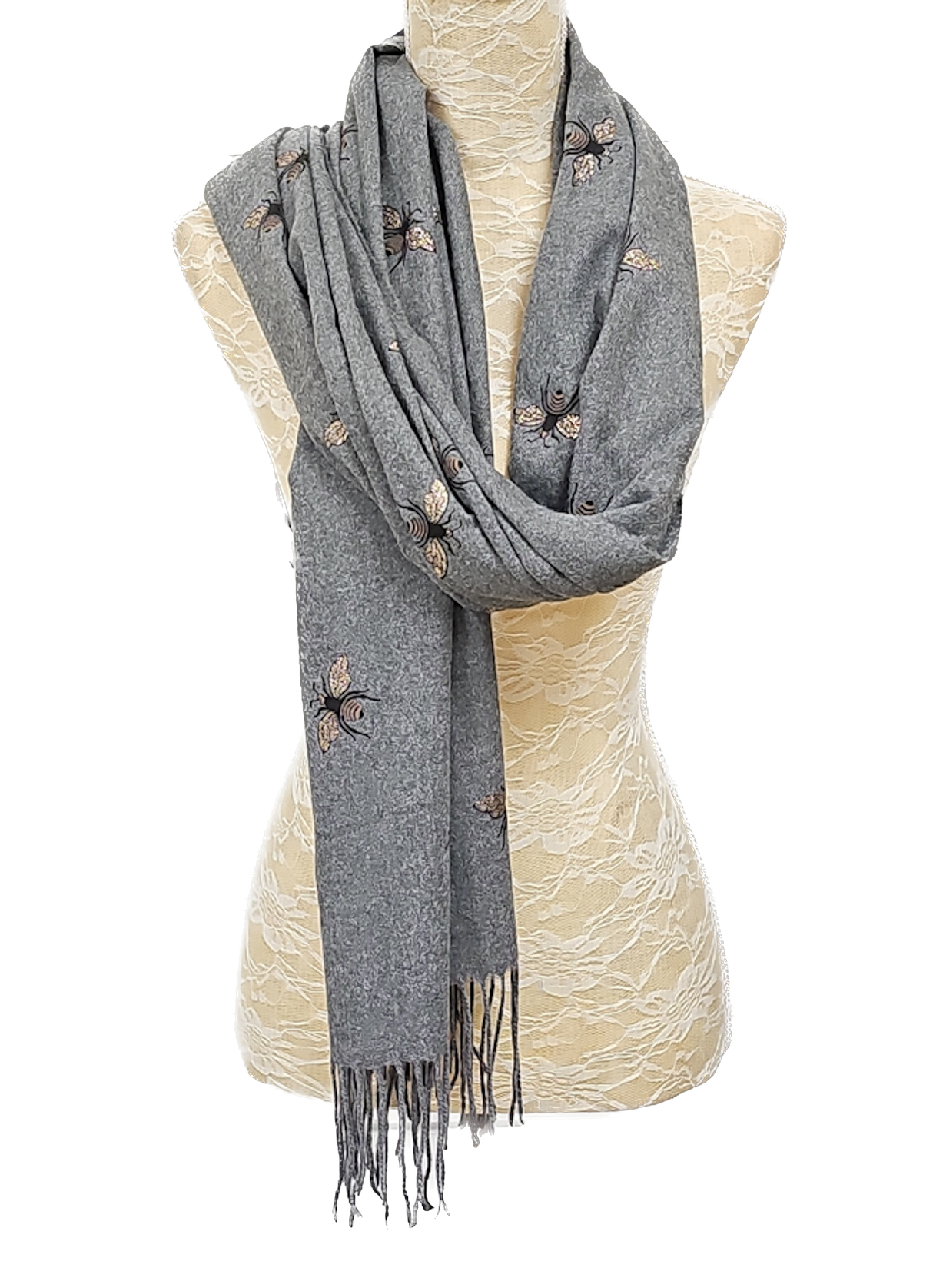 Grey & Gold Sparkling Bee Print Pashmina Scarf