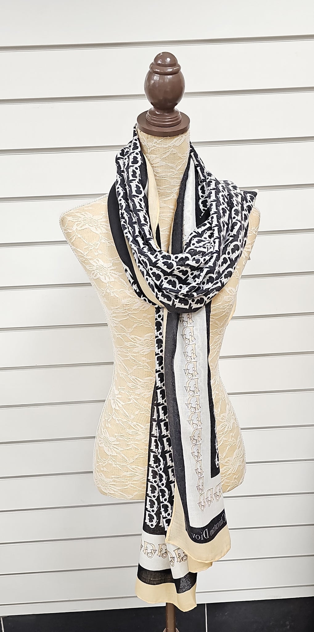 Black & Cream Beige Letter Printed Scarf