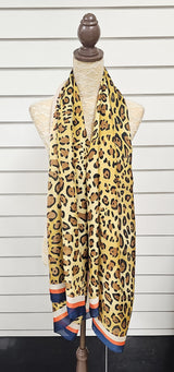 Gold Leopard Print Silk Navy Trimmed Scarf