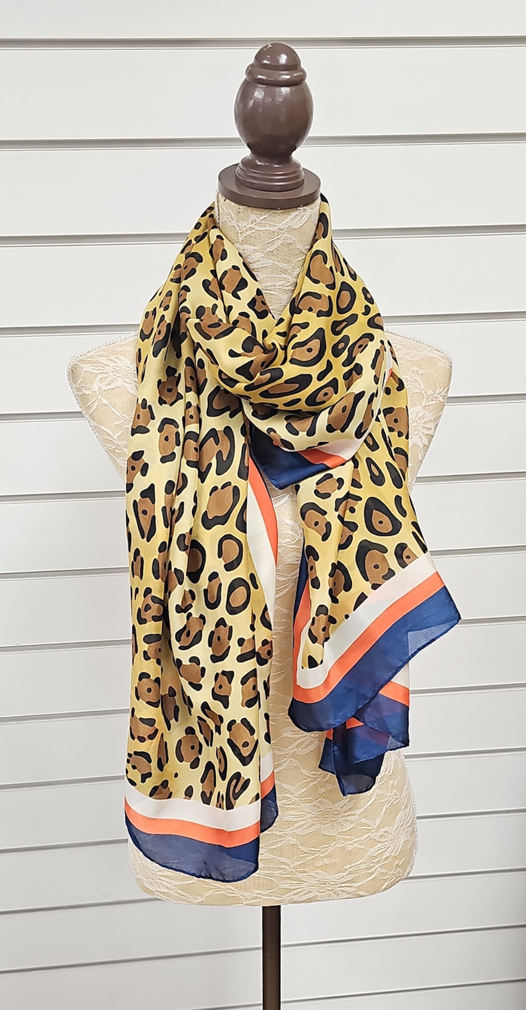 Gold Leopard Print Silk Navy Trimmed Scarf