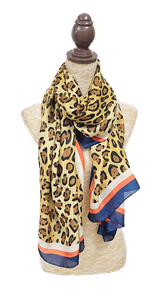 Gold Leopard Print Silk Navy Trimmed Scarf