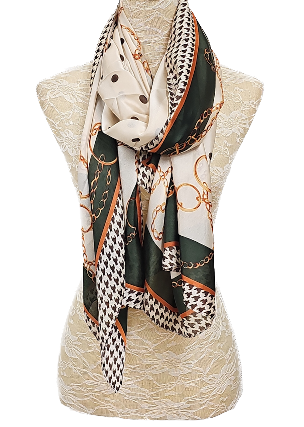 Beige & Green Chain Printed Silk Feel Scarf