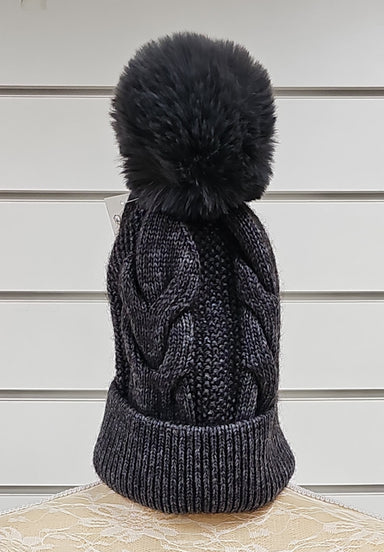 Grey Cable Knit Pom Pom Hat