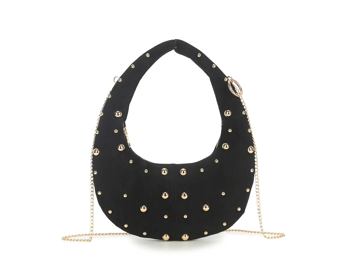 Black & Gold Studded Half Moon Handbag