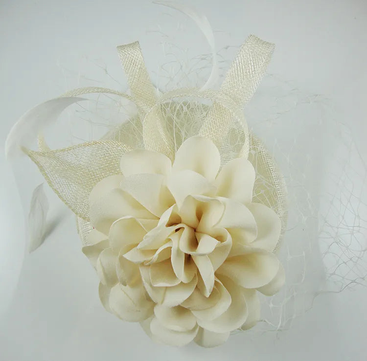 Cream Flower & Net Round Clip On Fascinator