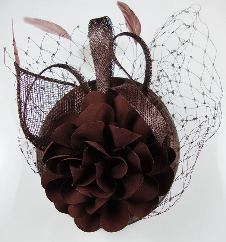 Chocolate Brown Flower & Net Round Clip On Fascinator