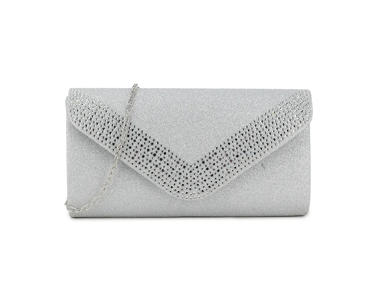 Silver Crystal Diamante Evening Clutch Bag