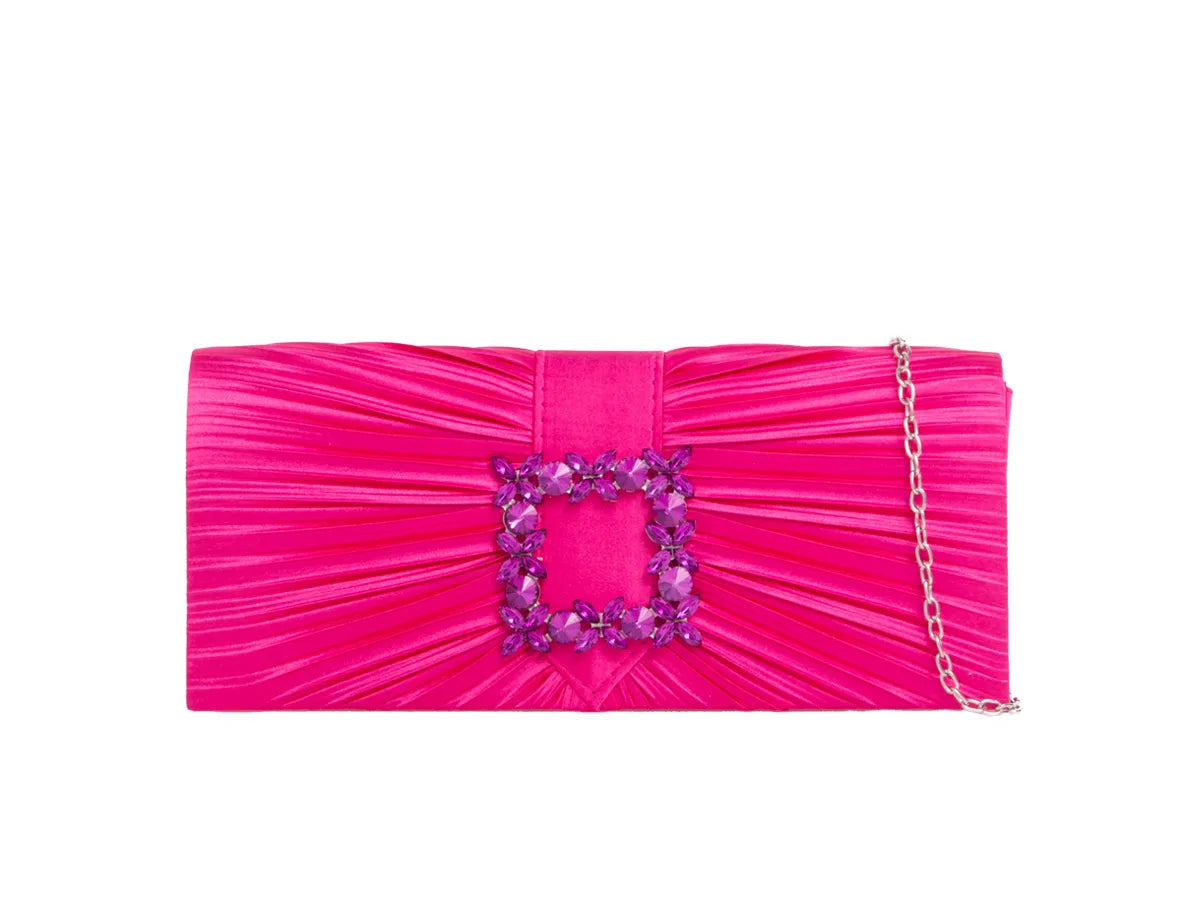 Fuchsia Pink Satin Diamante Clutch Bag