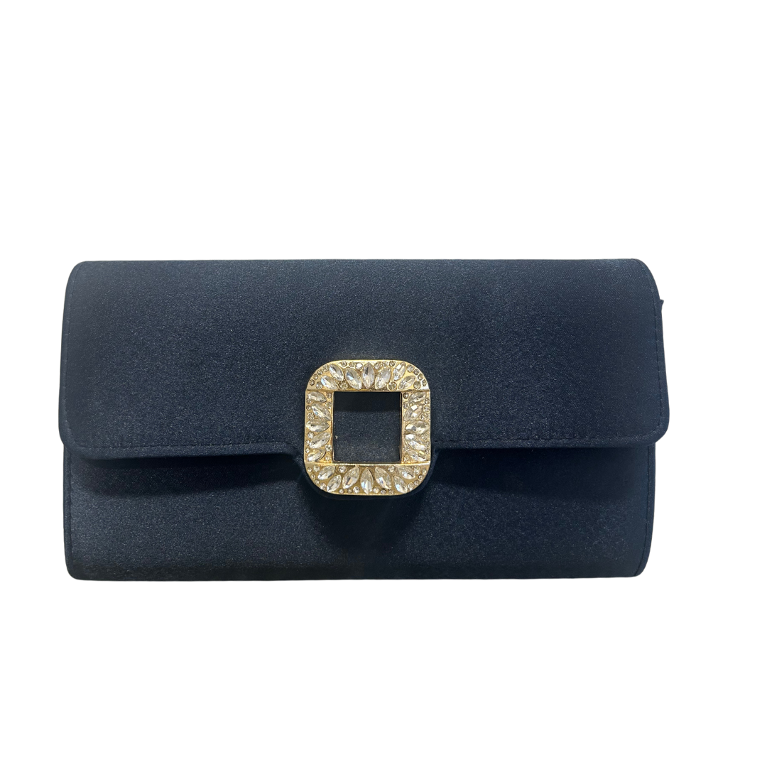 Navy Satin & Gold Diamante Clutch Bag