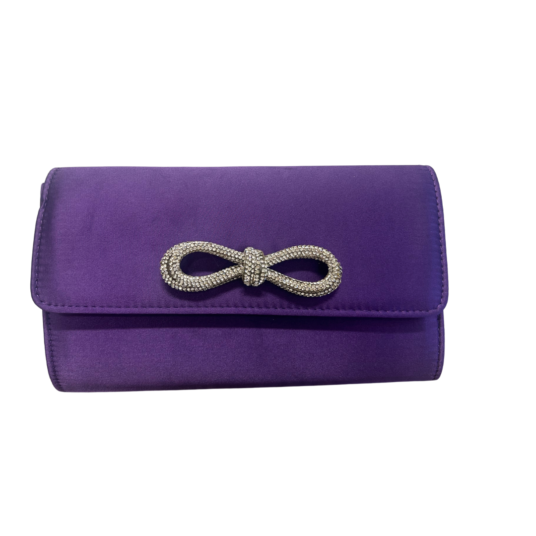 Satin Purple Diamante Bow Clutch Bag