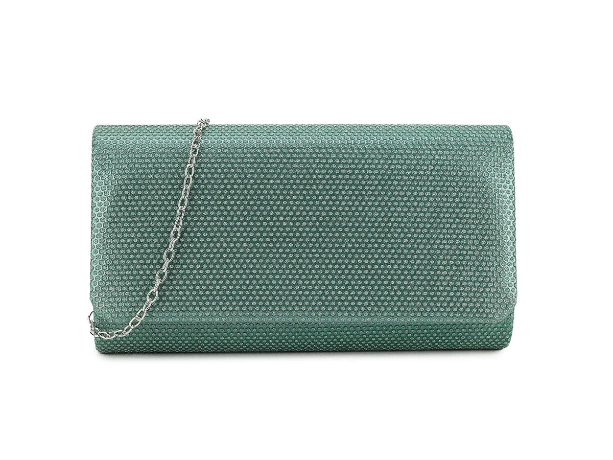 Green Glitter Embellished Coloured Clutch Bag