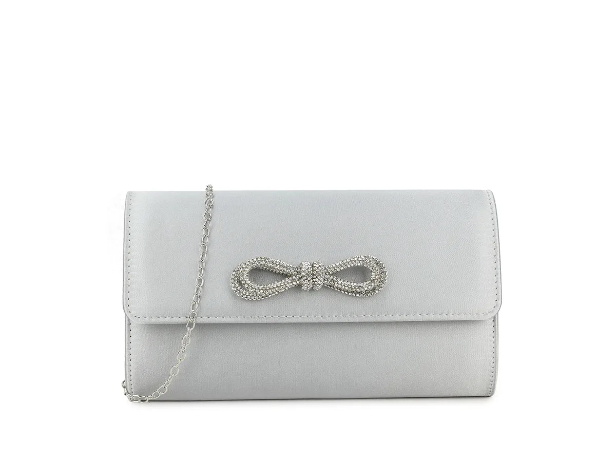 Satin Silver Bow Clutch Bag