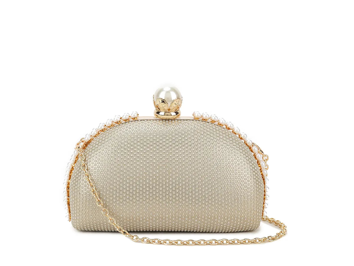 Diamanté Gold & Pearl Jewelled Clutch Bag