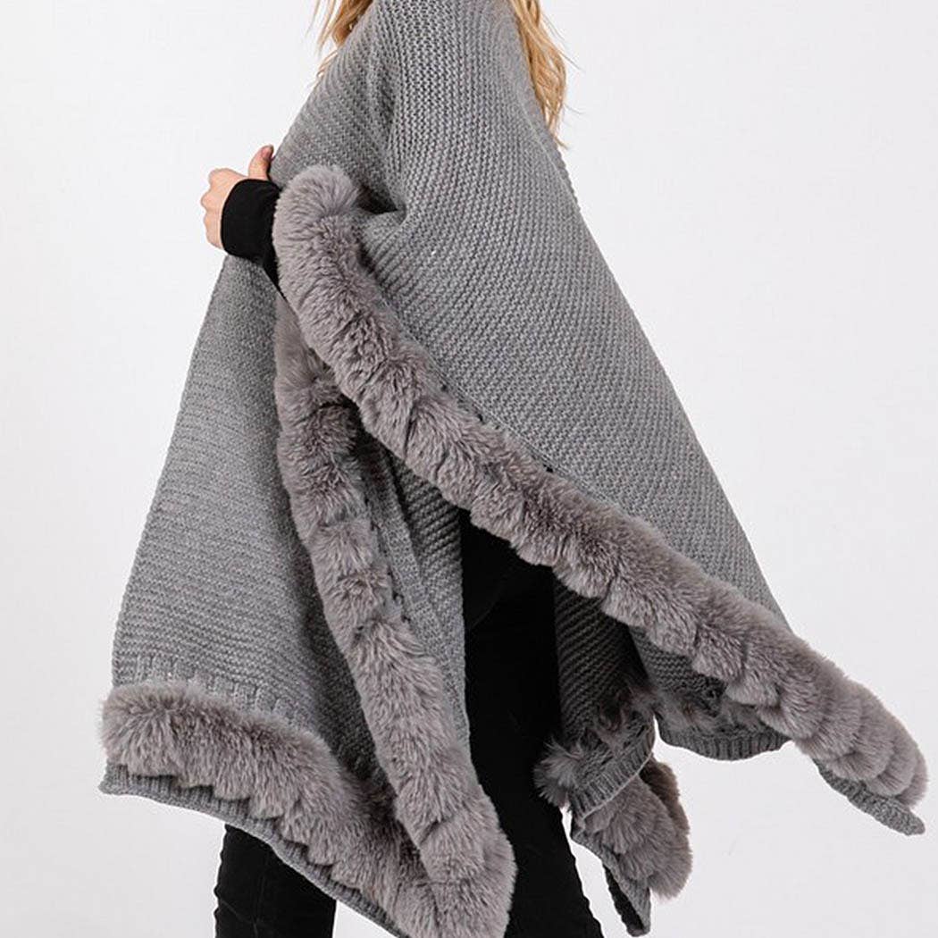 Silver Grey Faux Fur Trim Luxury Cape