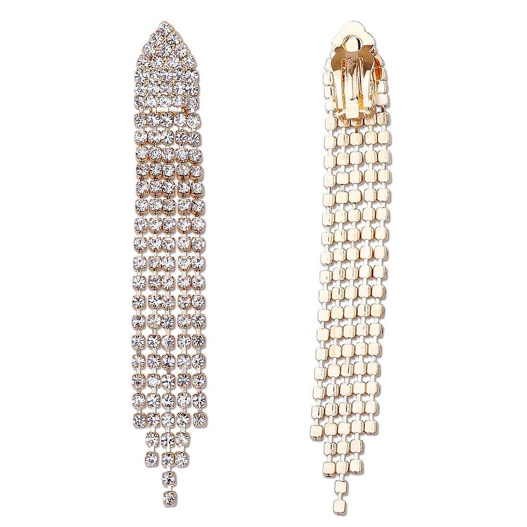 Gold Long Rhinestone Drop Clip-on Earrings