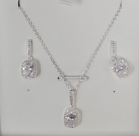 Eternity Cubic Zirconia Silver Square Drop Necklace & Earrings Set