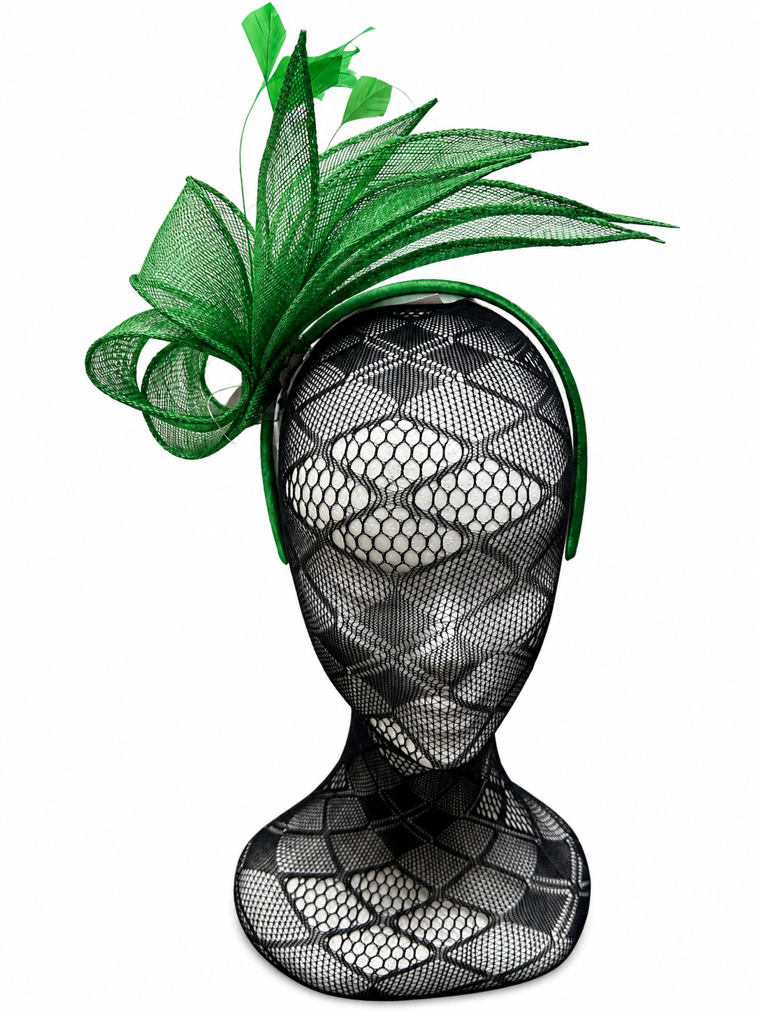 Emerald Green Sinamay Loop & Feather Hairband Fascinator