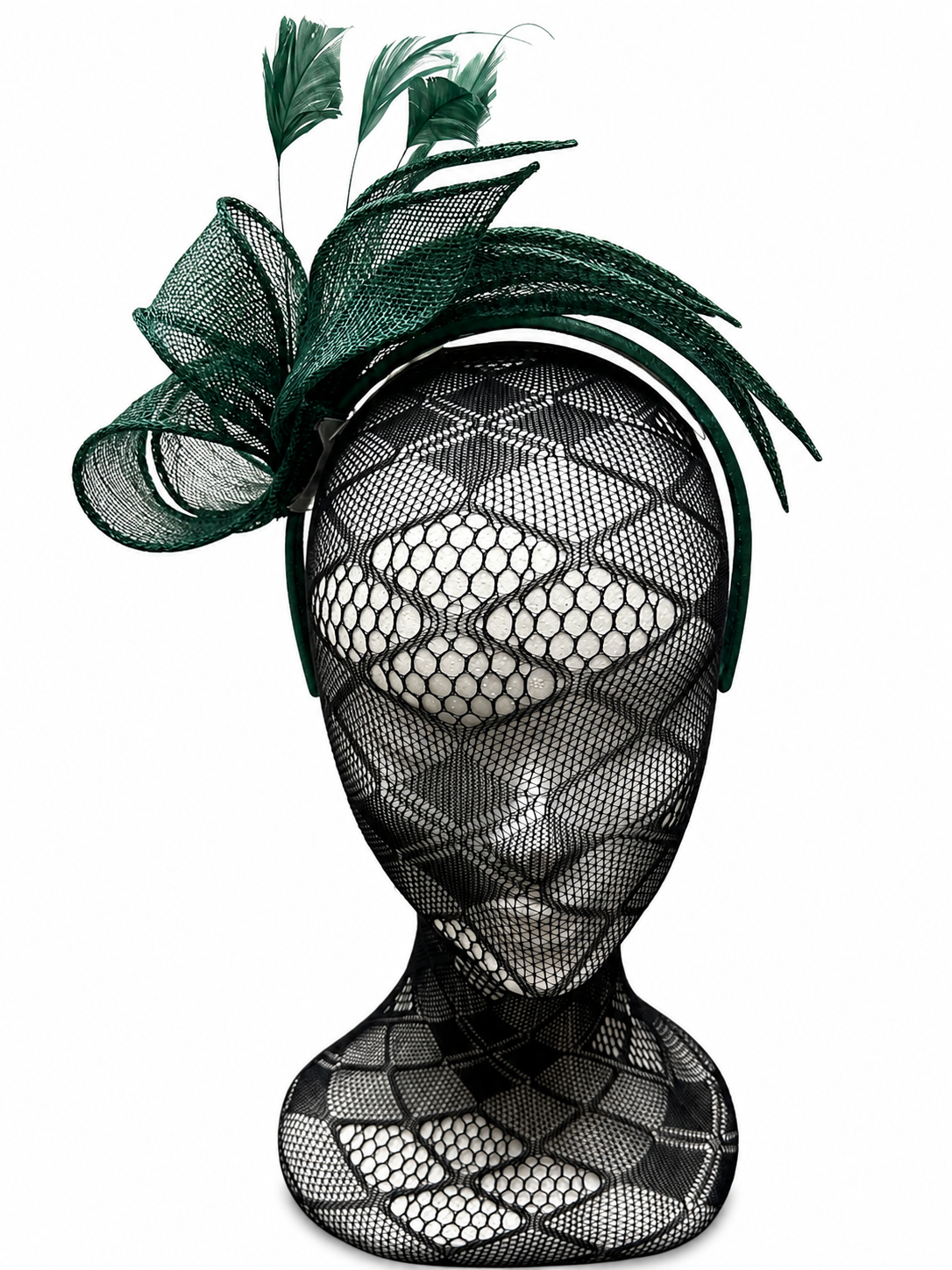 Pine Green Sinamay Loop & Feather Hairband Fascinator