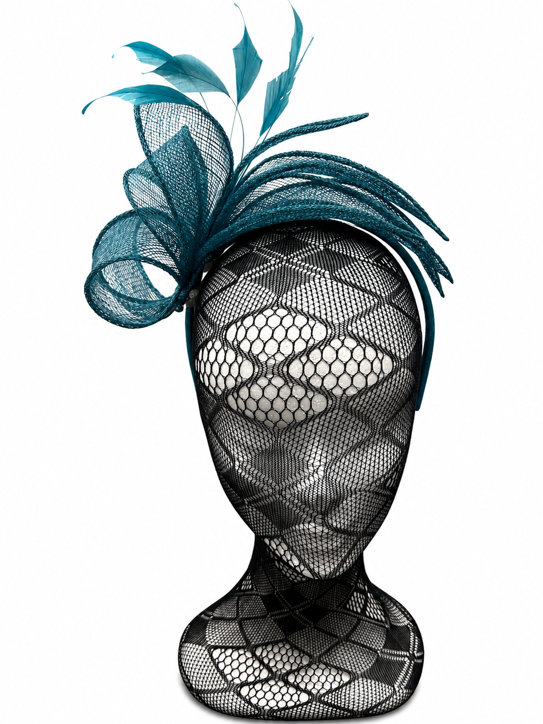 Teal Blue Sinamay Loop & Feather Hairband Fascinator