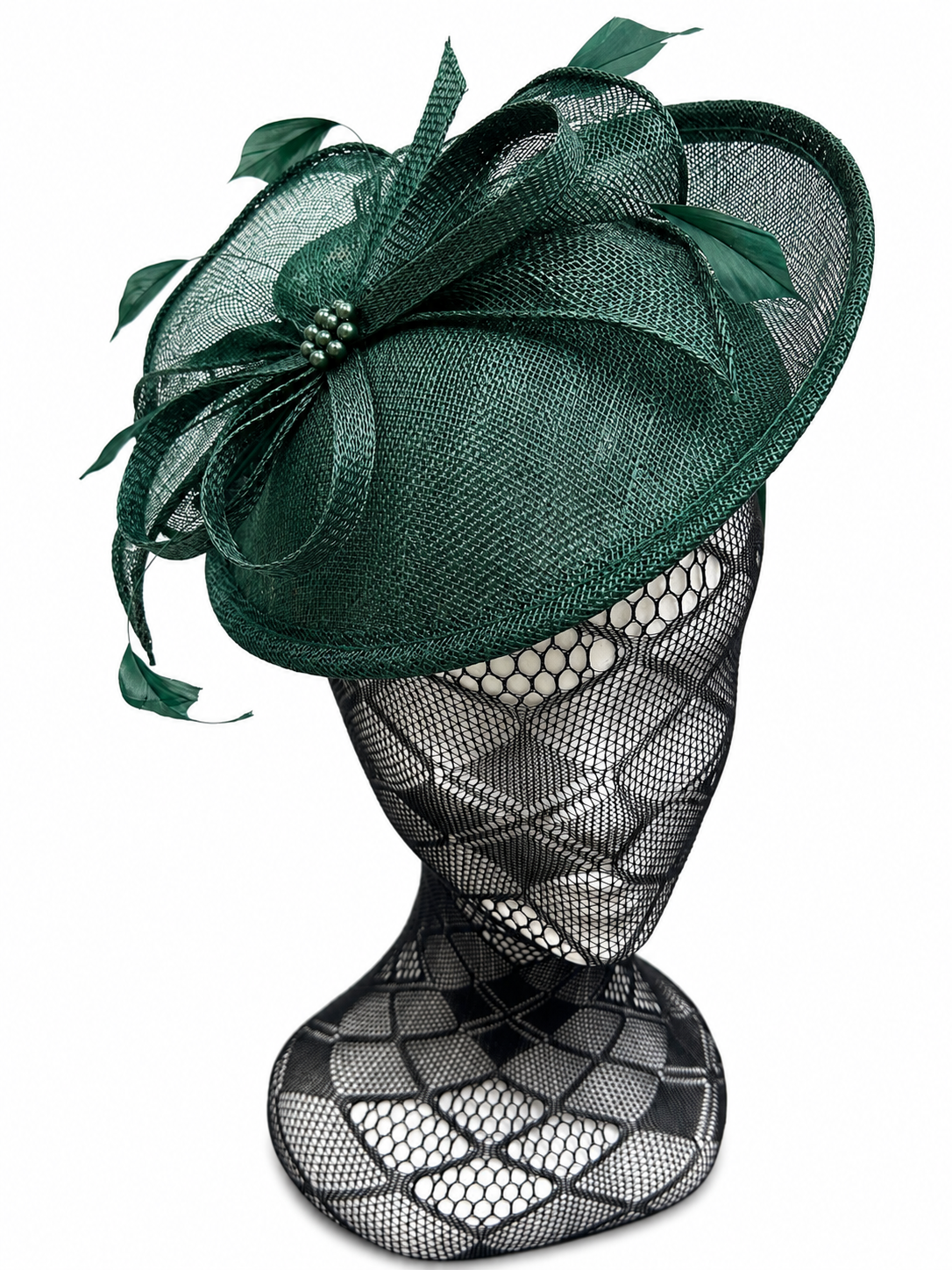 Pine Green Feather & Bow Round Disc Fascinator