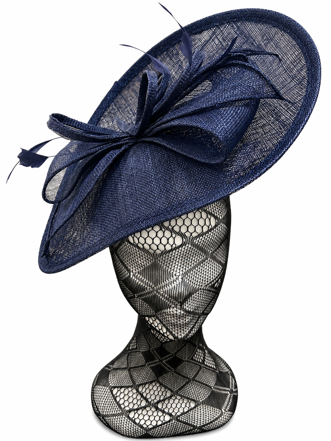 Navy Feather & Bow Oval Disc Fascinator