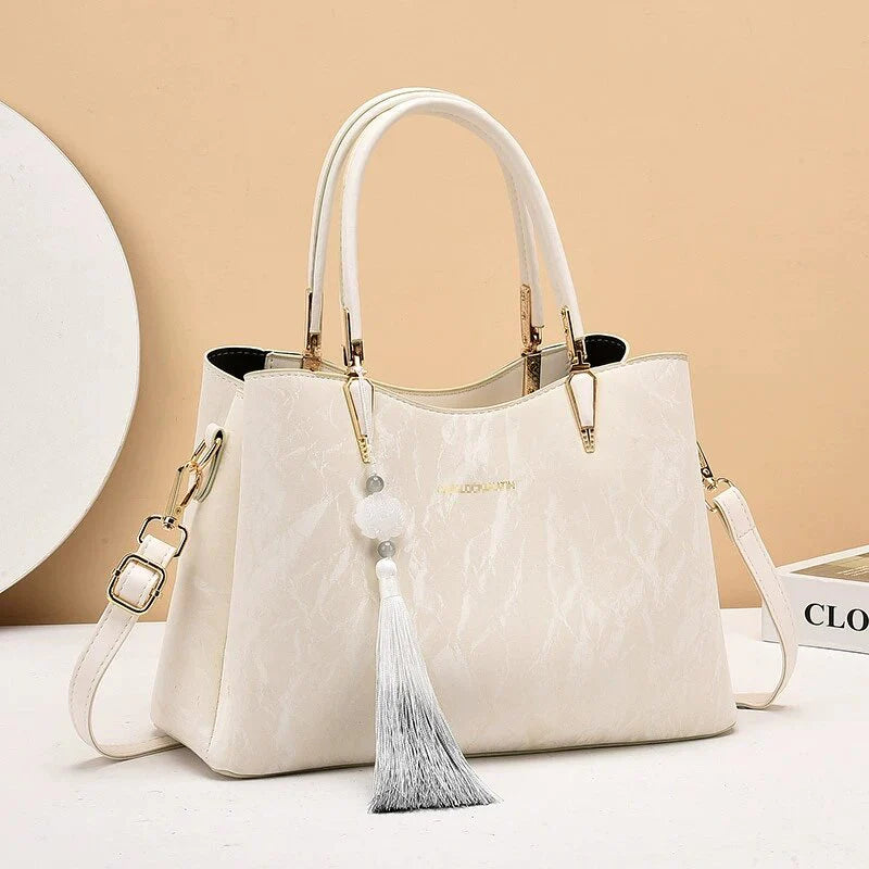 Ivory Satin Suede Look Print Handbag