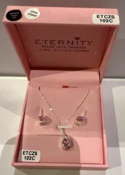 Eternity Cubic Zirconia Silver Pink Gem Necklace & Earrings Set