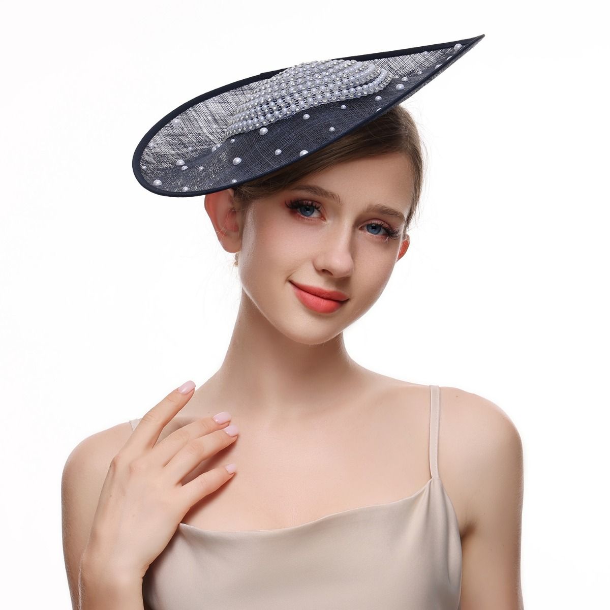 Navy Pearl Embellished Disc Fascinator