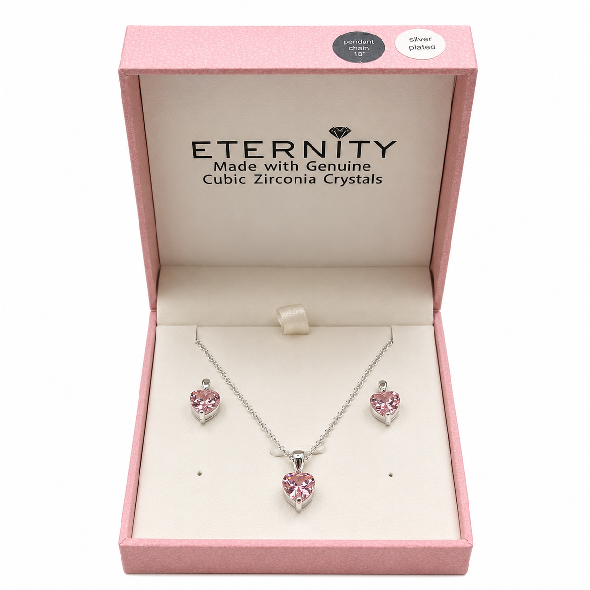 Eternity Cubic Zirconia Silver Pink Heart Necklace & Earrings Set
