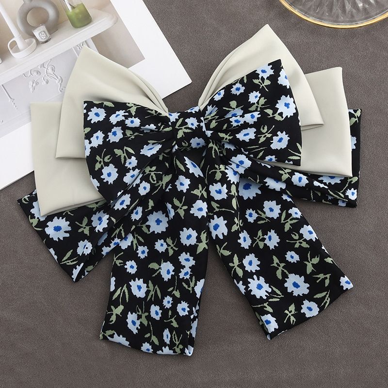 Large Navy Black Daisy Satin Hair Bow Clip