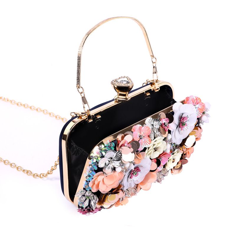Floral Crafted Black Satin Clutch Bag