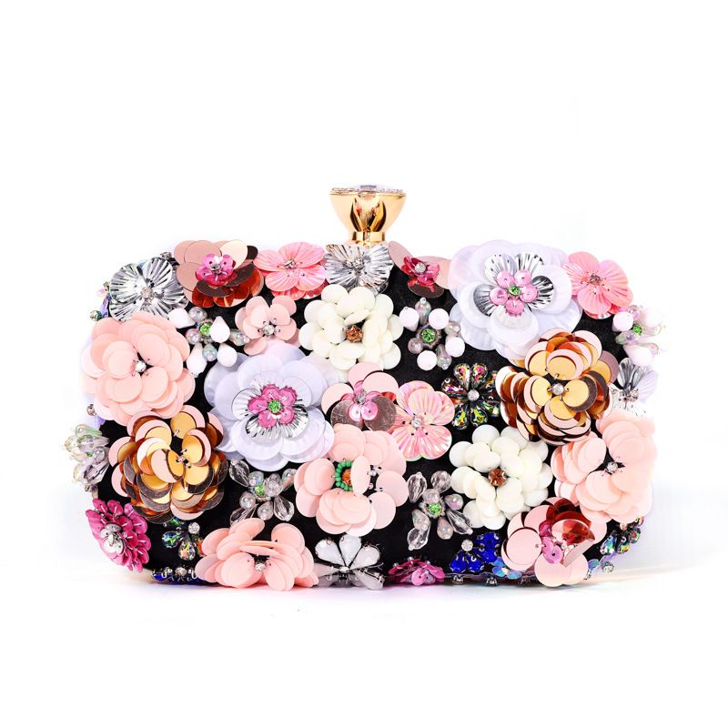 Floral Crafted Black Satin Clutch Bag