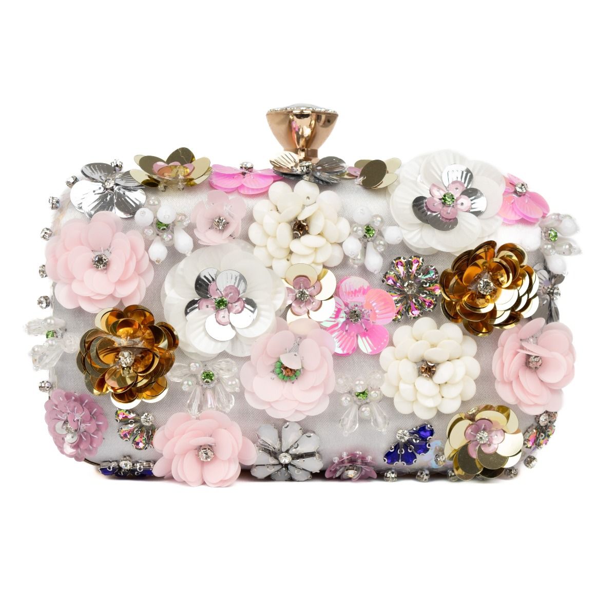 Floral Crafted Silver Satin Clutch Bag