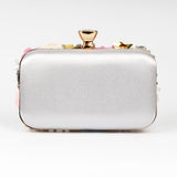 Floral Crafted Silver Satin Clutch Bag