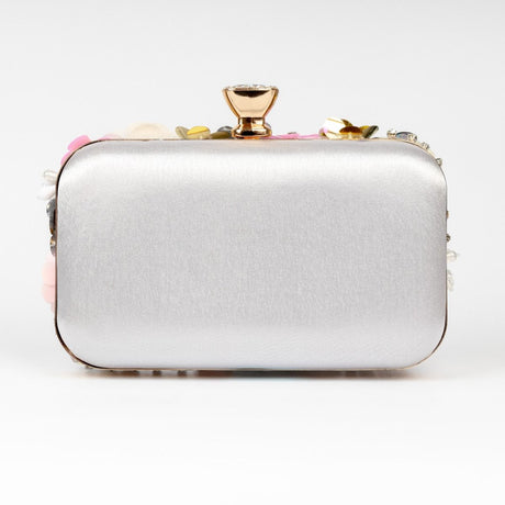 Floral Crafted Silver Satin Clutch Bag