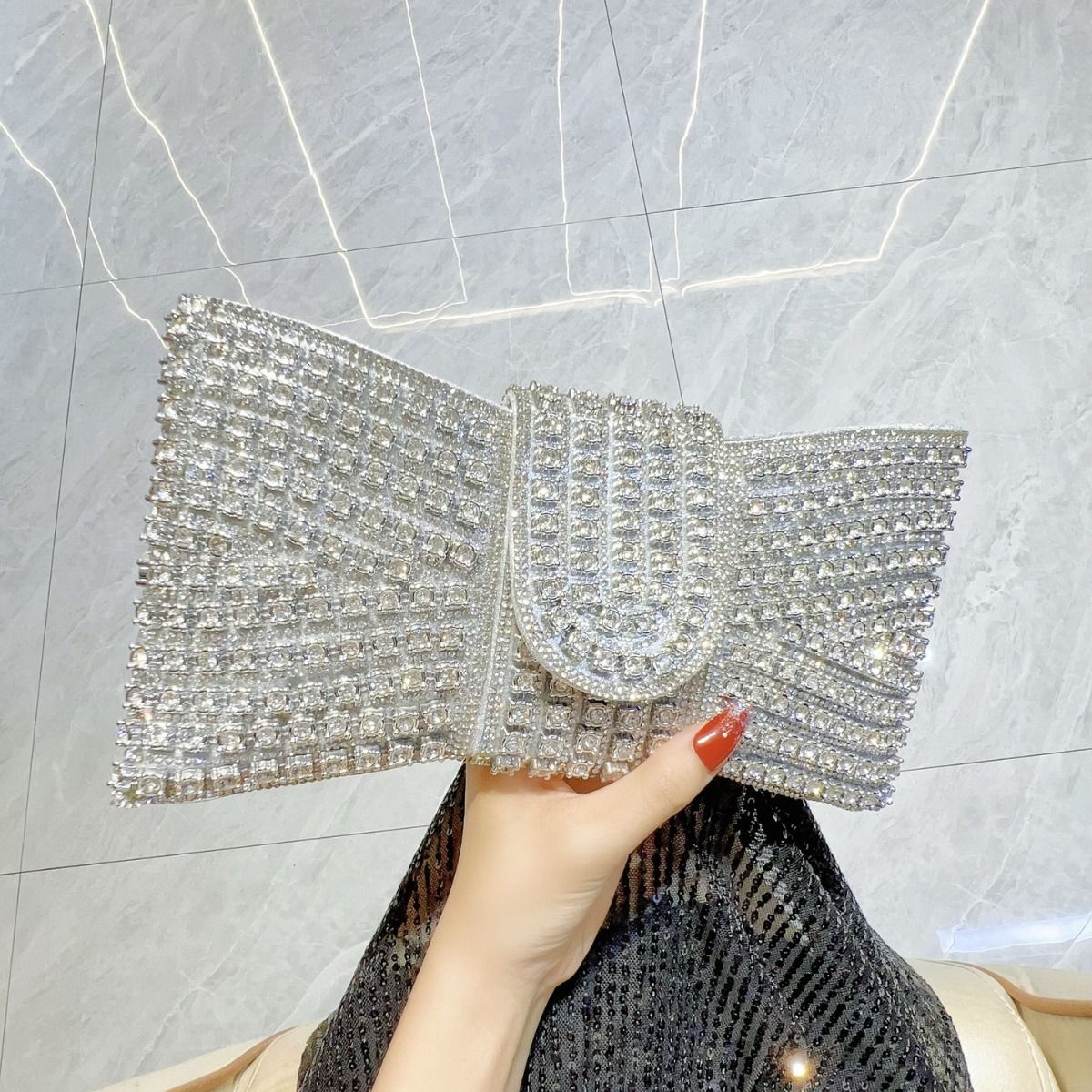 Glamorous Crystal Bow Clutch Bag