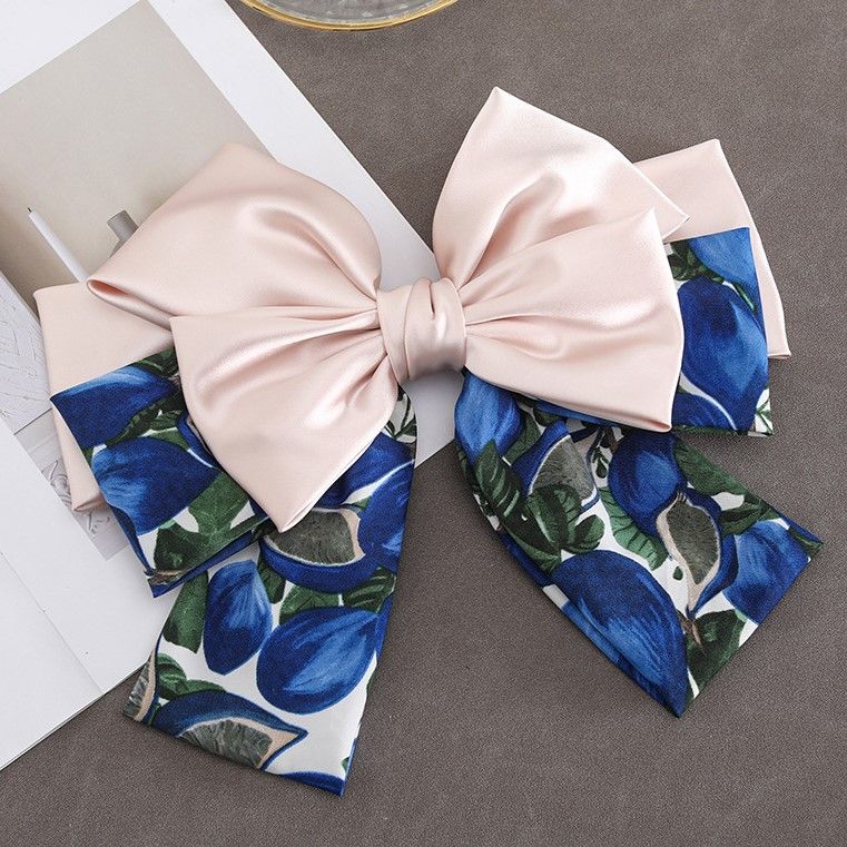 Large Beige & Blue Floral Satin Hair Bow