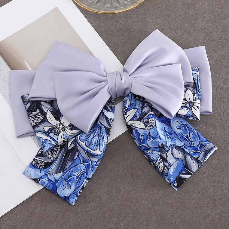 Large Blue Floral Satin Hair Bow