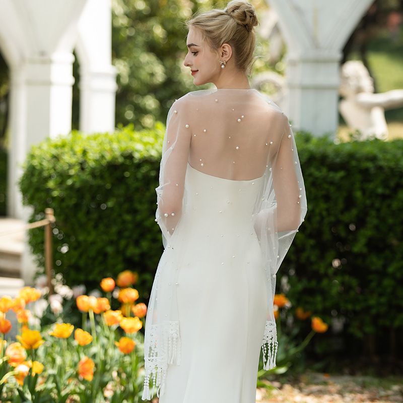 Pearl Embellished Bridal White Scarf